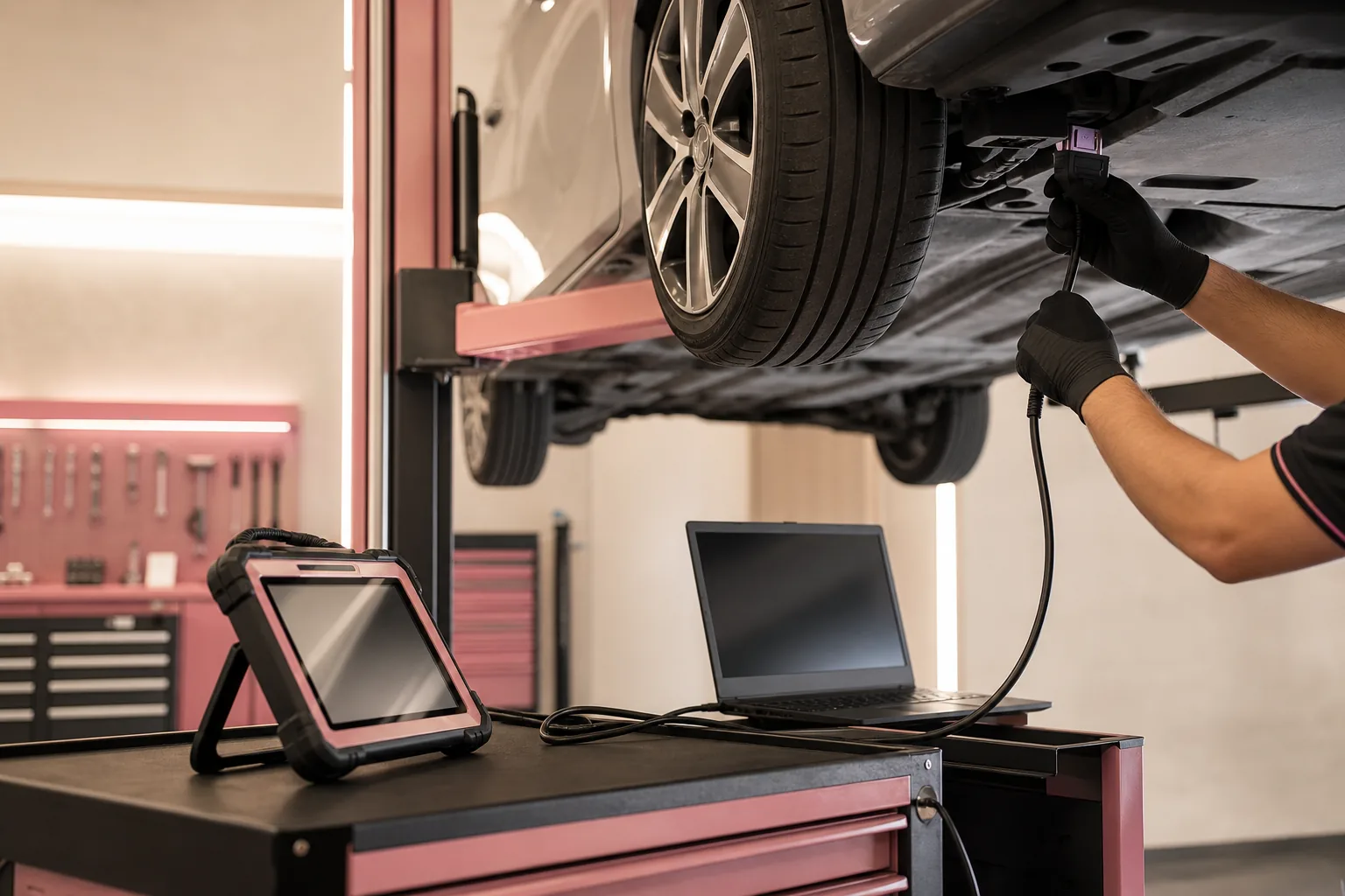Diagnostic bay at keratinocyte with scan equipment connected to a vehicle, 1200x800
