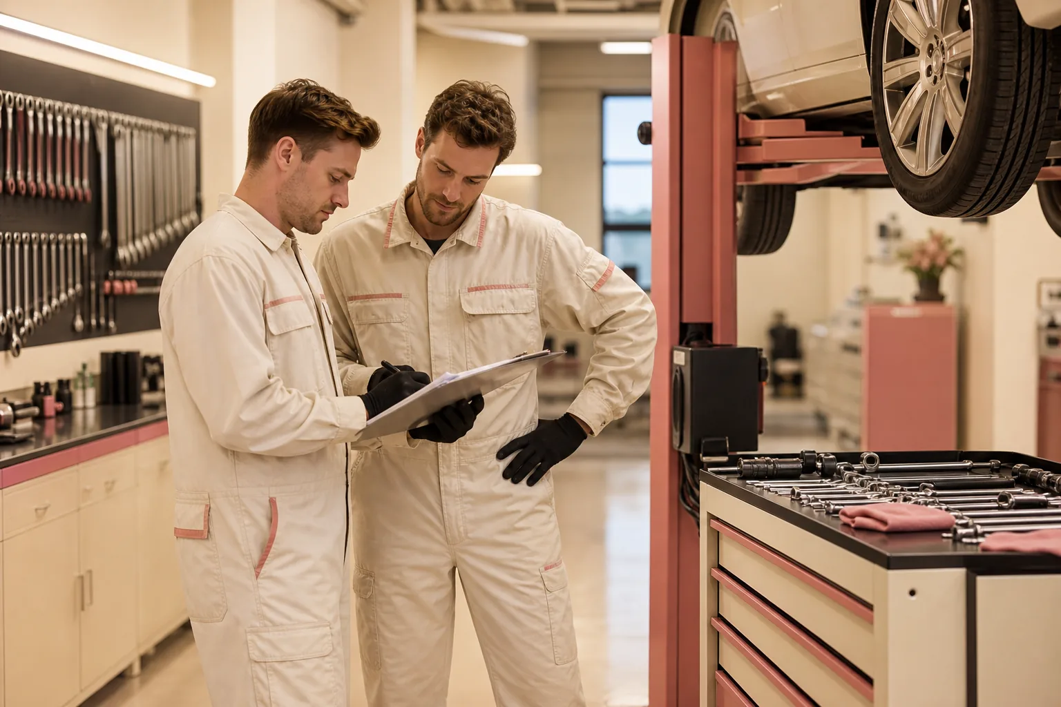 Early workshop interior at keratinocyte with technicians reviewing diagnostic reports, 1200x800