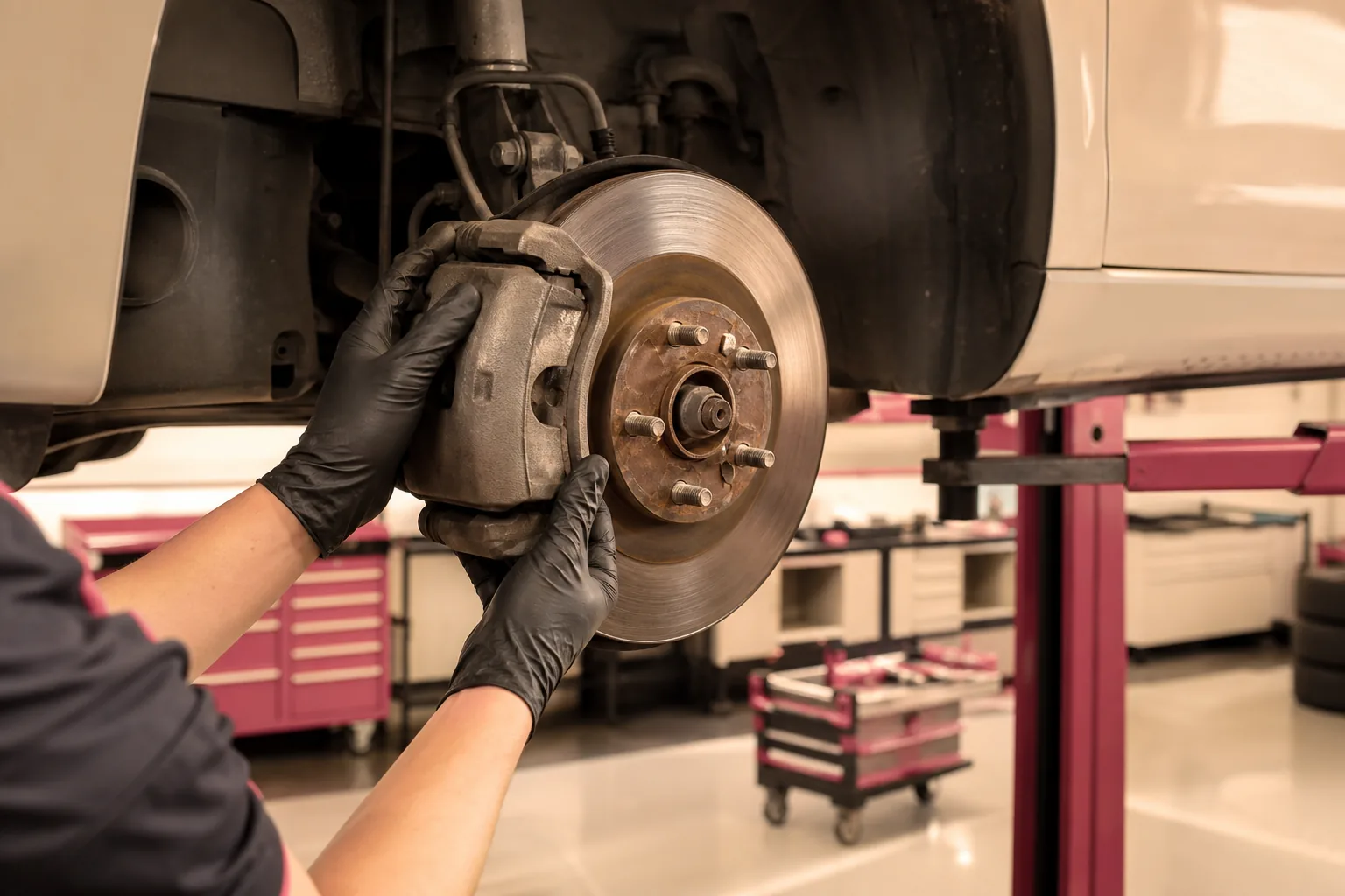 Technician inspecting brake rotors and calipers during maintenance service, 1200x800