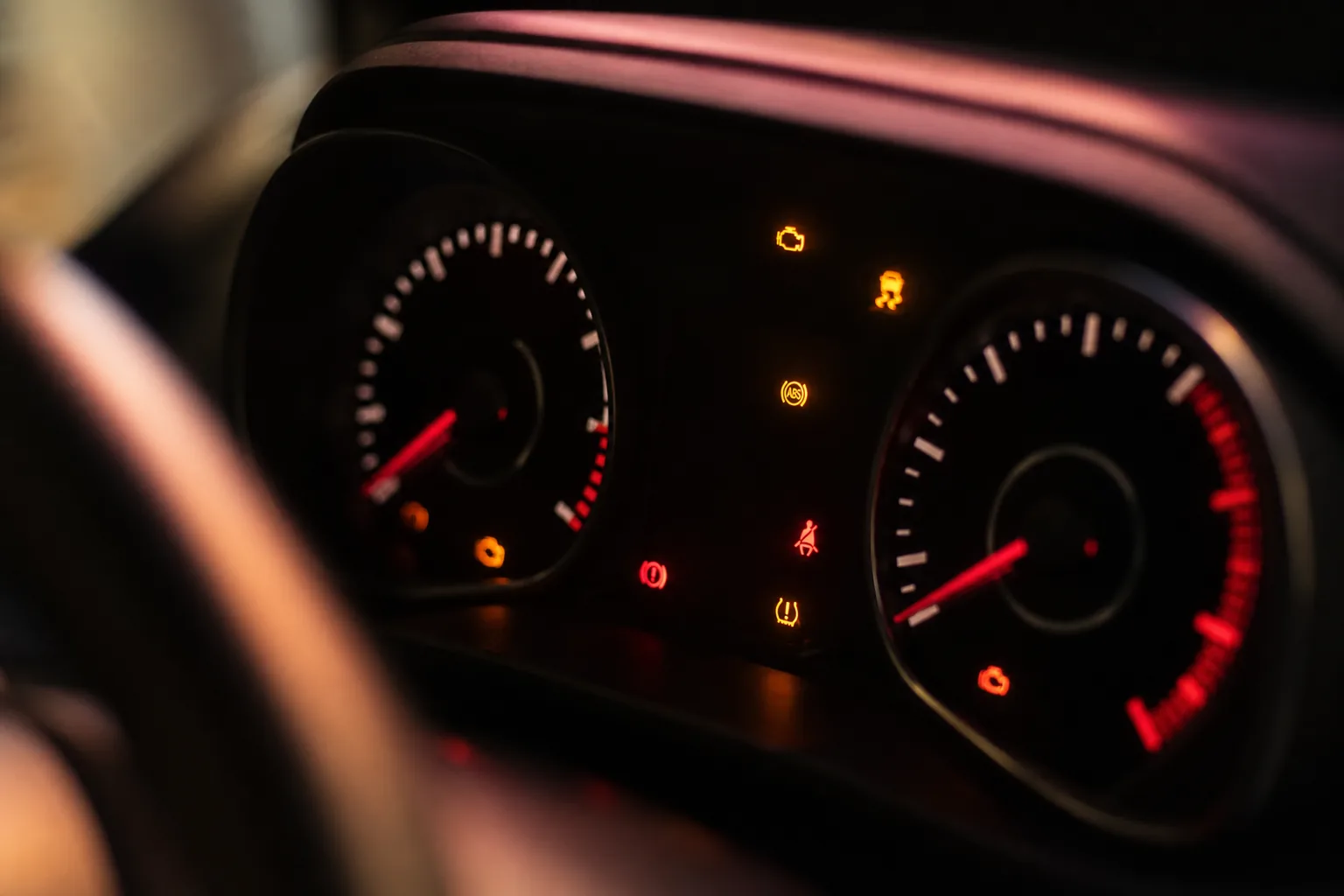 Dashboard warning lights illuminated on a car instrument panel, 1200x800