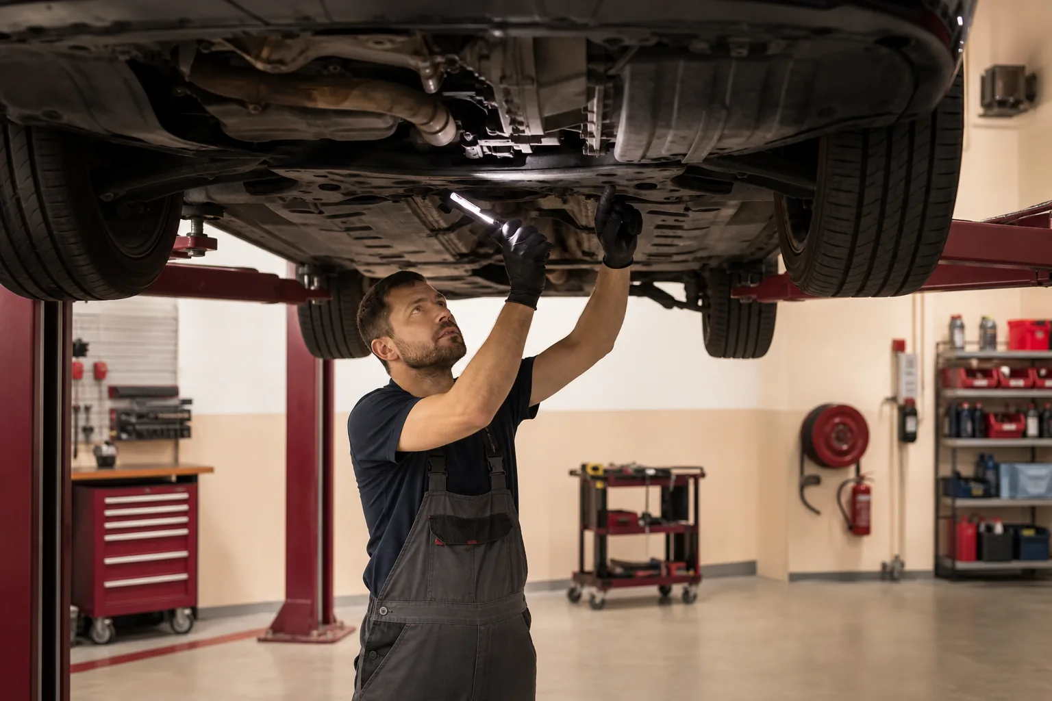 Mechanic performing a pre-purchase vehicle inspection on a used car lift, 1200x800