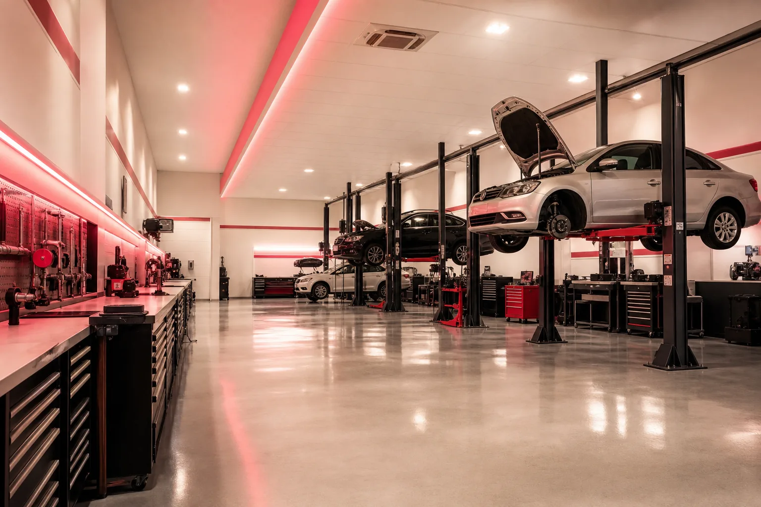 Professional automotive workshop interior with diagnostic equipment and service bays, 1920x1080